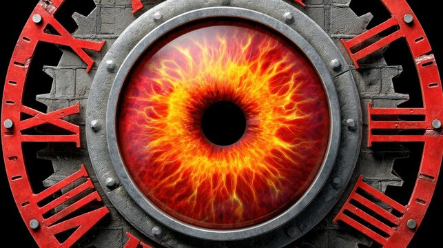Fiery Eye with Clock Gears and Red Roman Numerals Emphasizing Time and Alertness in a Dark Background