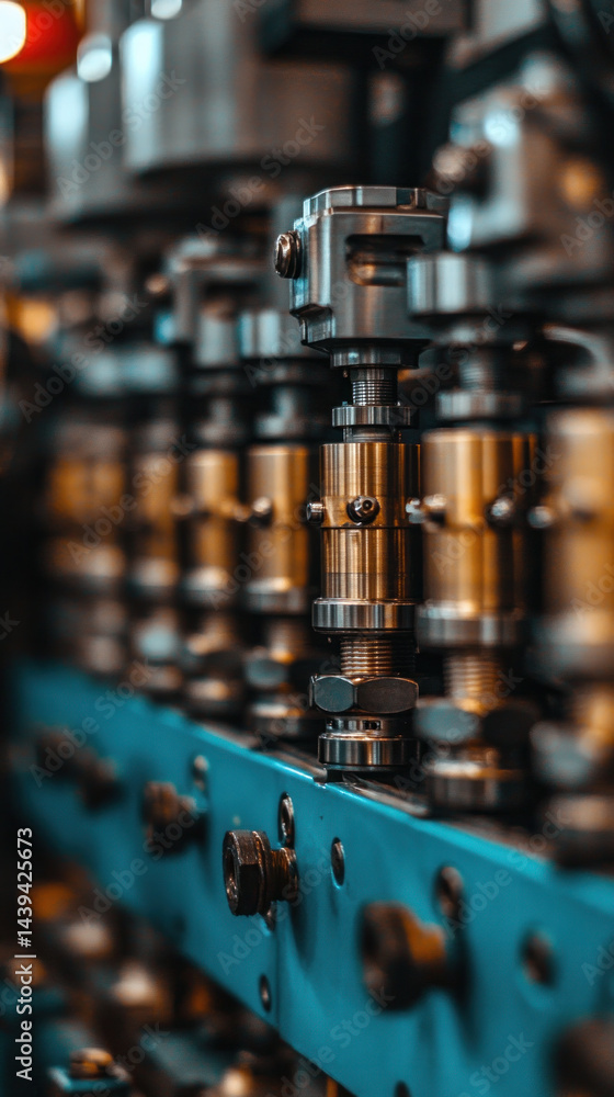 Poster a close up of a machine with many parts, including a large silver bolt. concept of precision and com