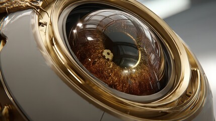 Close-up View of Futuristic Eye Design Incorporating Metallic Elements and Intricate Details in Modern Technology