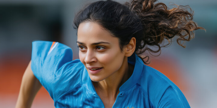 Female cricket player in blue uniform running with determination, outdoor sports action scene - Powered by Adobe