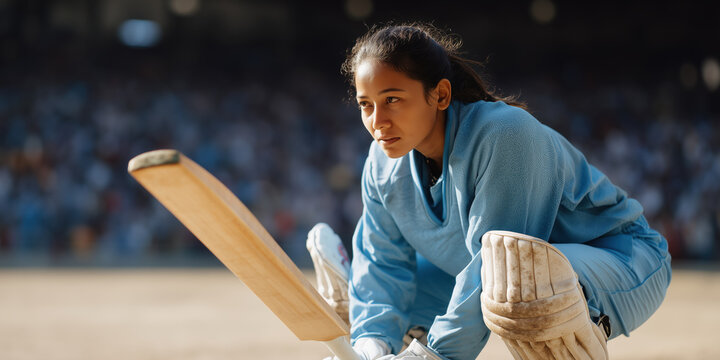 Female cricketer in blue uniform crouching on sports field with bat, focused and determined - Powered by Adobe
