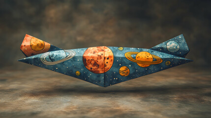 Paper spaceship origami adorned with colorful planets hovers above textured brown surface