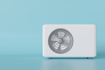 Modern air source heat pump displayed against a soft blue background showcases its sleek design and functionality for efficient heating and cooling in various environments. Copy space for text. 3D.