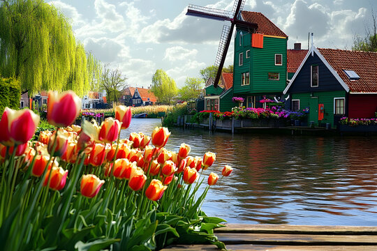 Landscape with tulips in Zaanse Schans, Netherlands, Europe