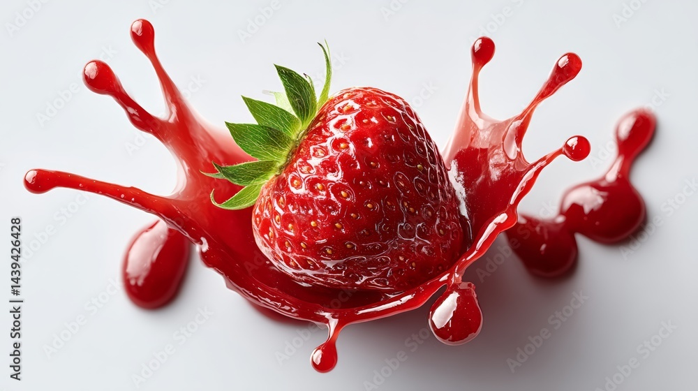 Poster strawberry is sitting in a splash of red liquid. the splash is in the shape of a wave, and the straw