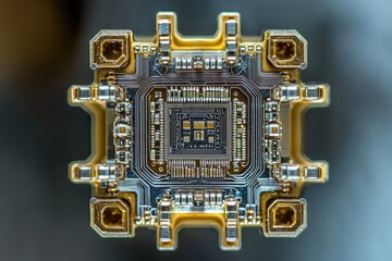 Fototapeta premium Close-up view of a microchip's intricate circuitry and golden connectors.