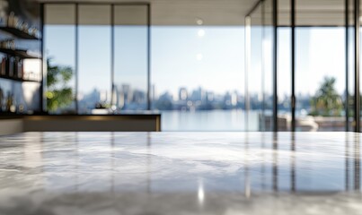 Fototapeta premium Modern kitchen countertop overlooking city views