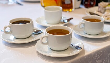 Three Cups of Coffee and Tea on a White Tablecloth Hot Drinks at a Breakfast Table