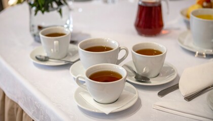 Fototapeta premium Three Cups of Hot Tea on White Tablecloth Elegant Afternoon Tea Setting