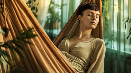 Young woman resting in a hammock surrounded by plants in a serene indoor setting