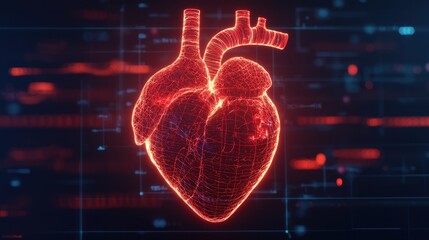 A glowing digital wireframe of a human heart is displayed against a futuristic, high-tech background.