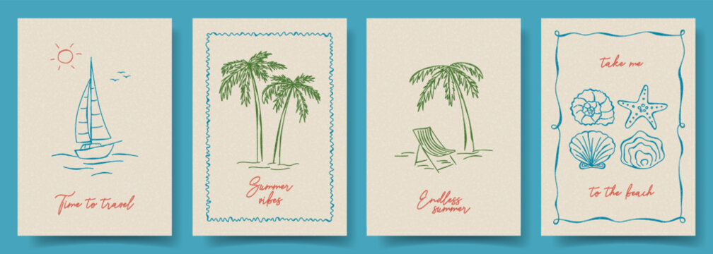 Set of trendy hand drawn posters. Vector doodle vintage cards with palm tree, seashells, yacht, typography design. Retro flyers for decoration party, holiday, event, poster, invitation, banner.