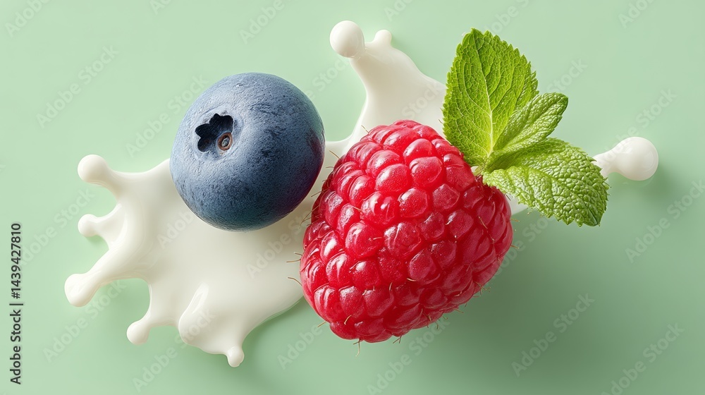 Poster close up of a raspberry and blueberry on a white background. the blueberry is on the left and the ra