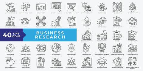 Business Research icon set with business, research, data analysis, market trend, business model, business innovation, business strategy, planning, profit, business goal and business report