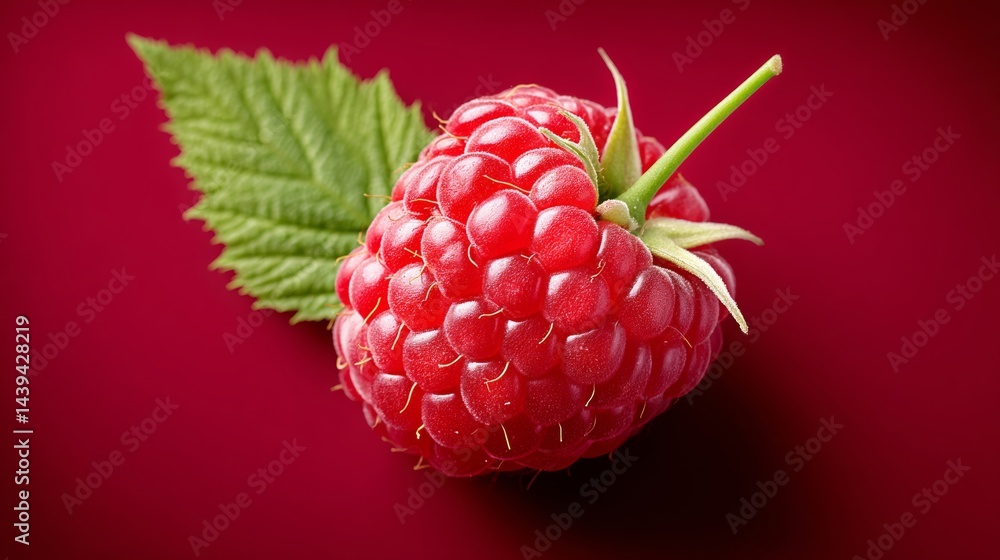 Poster red raspberry is sitting on a leaf. the leaf is green and the raspberry is ripe. the image has a bri
