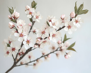 Obraz premium Blossoming branch with white pink flowers with green leaves against a soft bright background