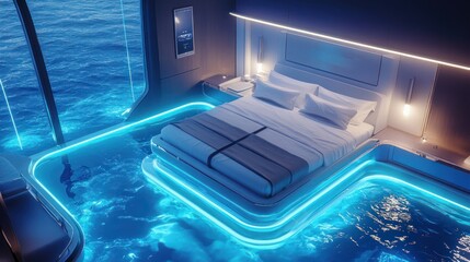 Obraz premium Submerged Luxury: Futuristic Underwater Bedroom Design