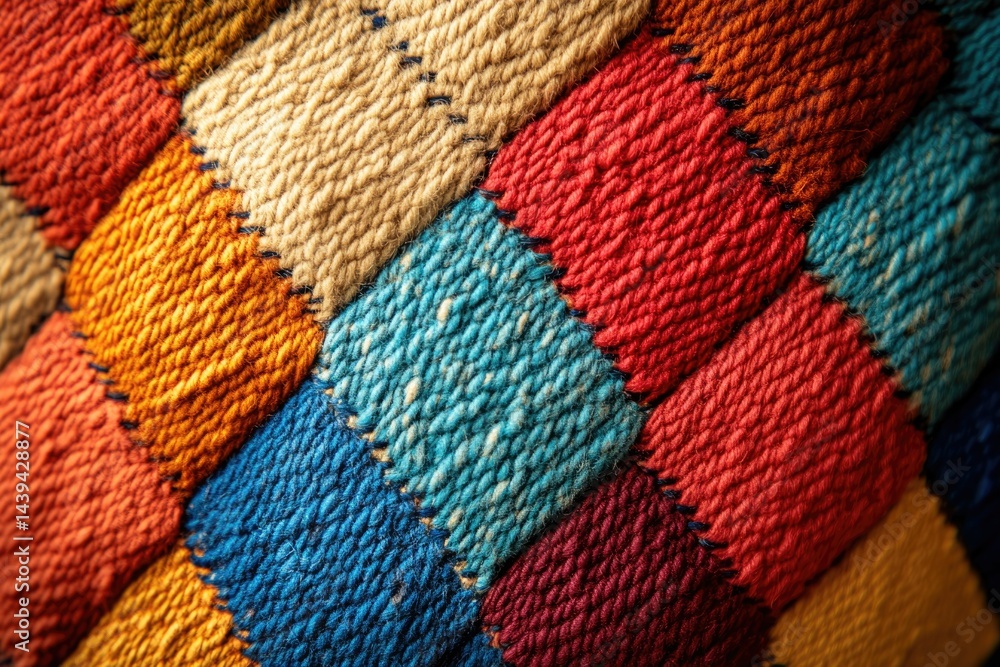 Aufkleber Close-up view of a vibrant, multicolored woven textile with a diamond pattern.