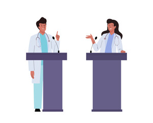 Medicine conference. Female and male doctor standing at podium and giving a speech for audience. Two doctors have professional medicine dialogue