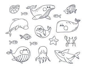 Ocean aquatic animals set in doodle style. Underwater mammals different species whales, shark, seal, dolphin, octopus, crab. Vector illustration