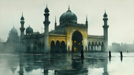 Grand architecture reflects over water with shadowy figures near a building with towers and a dome