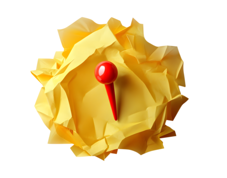 crumpled yellow paper red pin on crumpled paper wrinkled yellow note discarded paper with pin red pushpin on yellow isolated crumpled paper png isolated on transparent