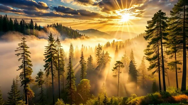 Golden Sunrise Through the Mist in a Majestic Pine Forest