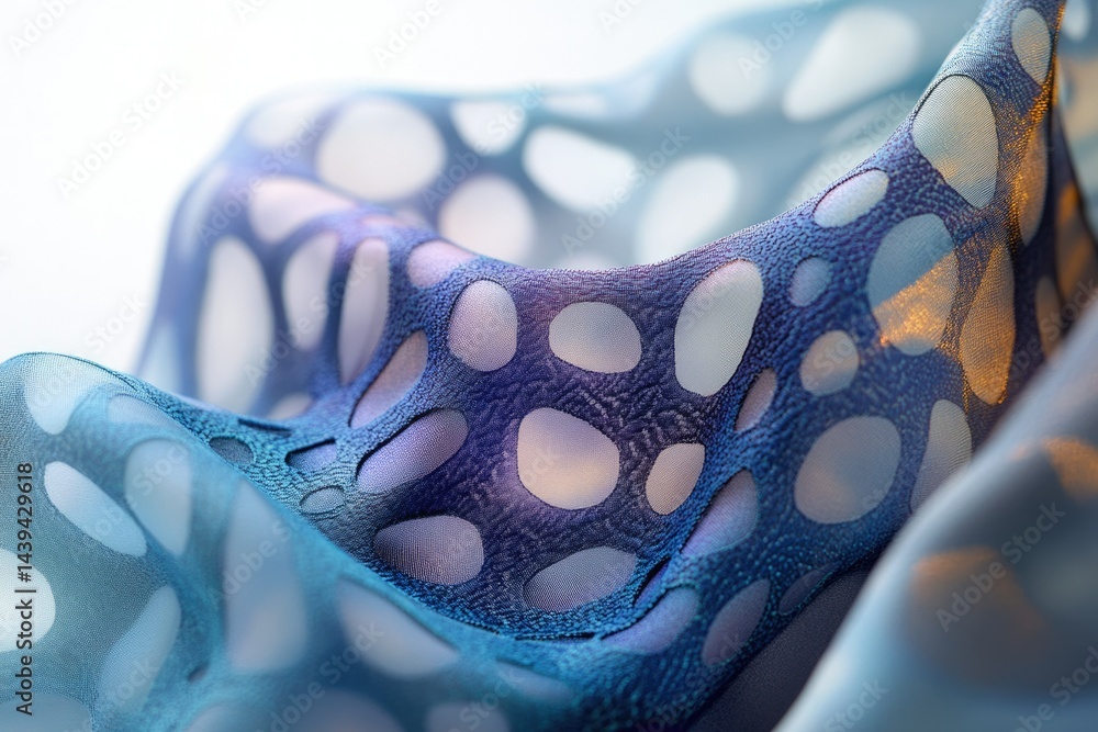Poster Abstract blue fabric with a unique pattern of cut-out shapes creating a soft, wavy texture.
