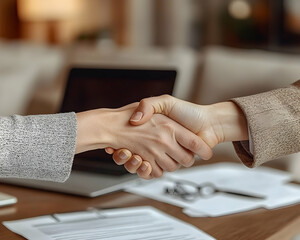 Obraz premium Two people shaking hands over a deal with paperwork and a laptop in the background