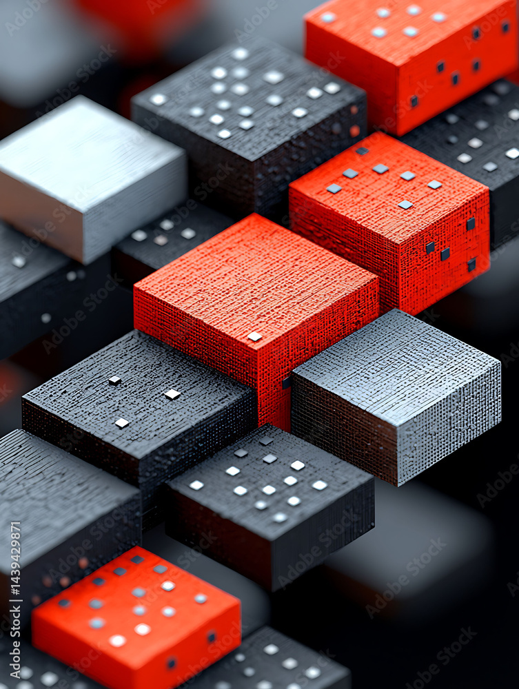 Poster abstract 3d rendering of textured cubes in red, black, and silver, forming a complex geometric patte