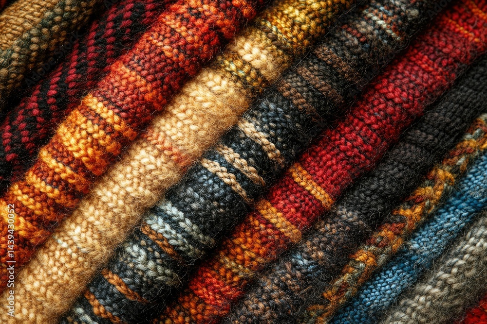 Aufkleber A stack of colorful knitted fabrics showcasing various textures and patterns in warm autumnal tones.