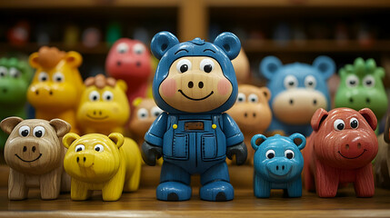 Obraz premium A collection of painted wooden toys featuring a blue monkey figure and other animal figures on a shelf