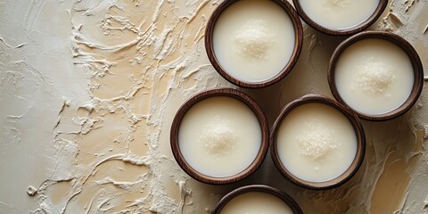 Bowls of creamy yogurt on textured surface