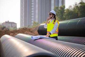 Engineer worker operations construction plans large black drainage pipe installing underground...