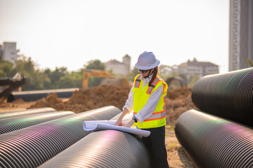 Engineer worker operations construction plans large black drainage pipe installing underground...