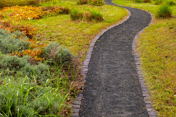 Winding path through a vibrant garden showcasing rich textures and colors in a serene outdoor setting