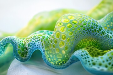 Abstract 3D render of a porous, wavy structure in vibrant green and blue hues.