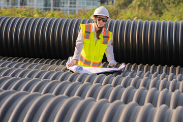 Engineer worker operations construction plans large black drainage pipe installing underground...
