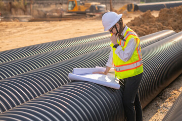 Engineer worker operations construction plans large black drainage pipe installing underground...