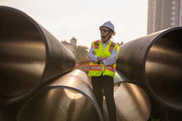 Engineer worker operations construction plans large black drainage pipe installing underground infrastructure heavy machinery importance of careful planning and teamwork in construction project.