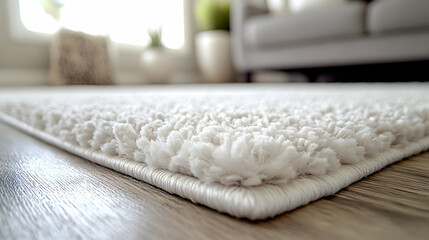 Close-up view of a plush white rug with textured fibers and a neatly bound edge resting on a wooden floor