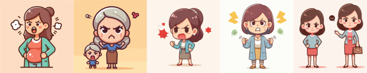 collection of vector images of an angry woman