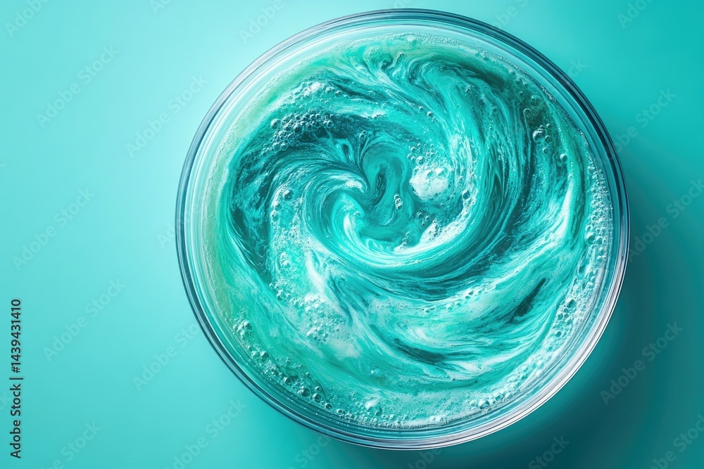Poster swirling teal liquid with bubbles in a glass bowl, creating an abstract, mesmerizing effect.