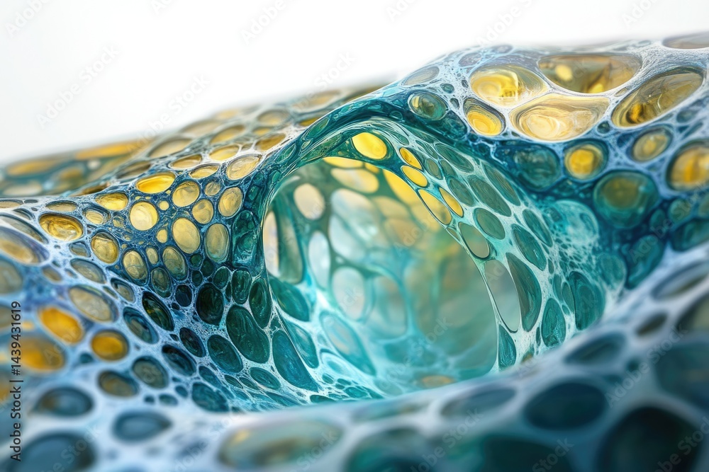 Poster Abstract image of a flowing, teal and gold substance with a cellular, bubble-like structure.