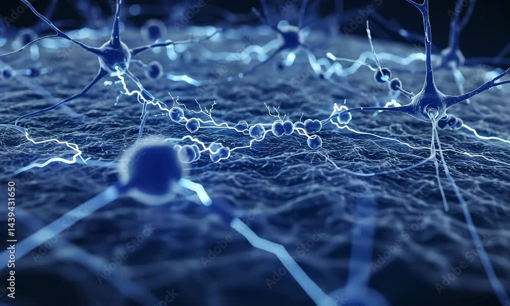 Poster close up visualization of neuron cells network with light effect and blue tones in black background