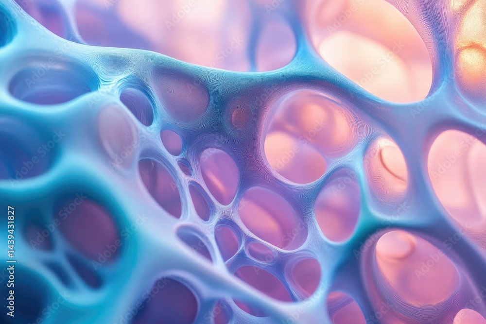 Poster abstract image of a porous, interconnected network with pastel blue and pink hues, resembling a comp