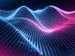 Futuristic abstract digital wave with glowing blue and pink particles, representing technology, data flow, innovation, and modern business connectivity.