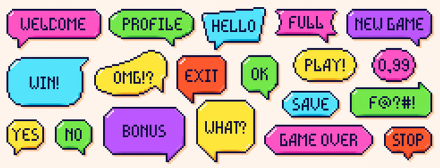 Fototapeta premium Pixel art color dialogue boxes with different text. Speech bubbles drawn in 8 bit Y2k style. Welcome, profile, hello, play, save texts.