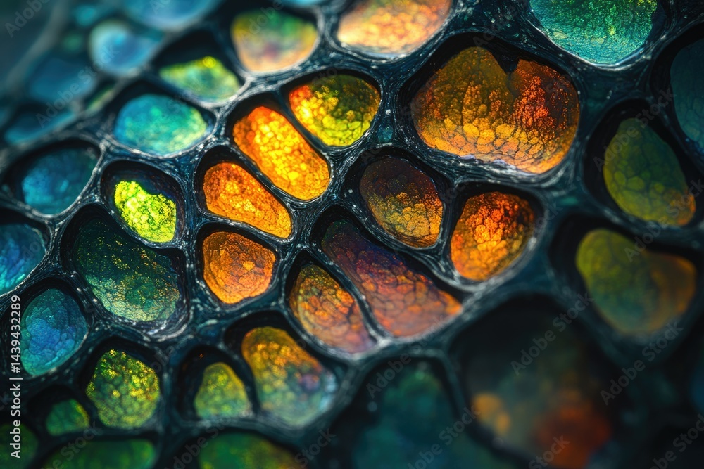 Poster close-up of iridescent, textured surface resembling scales or cells with vibrant colors.