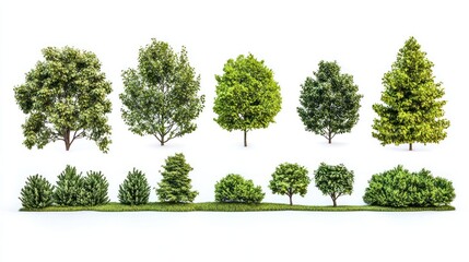 Fototapeta premium Group of wooded park landscapes with undergrowth and small bushes on white background.